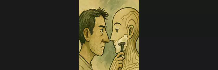 AGI 개념을 상징하는 인간과 인공지능의 거울 이미지